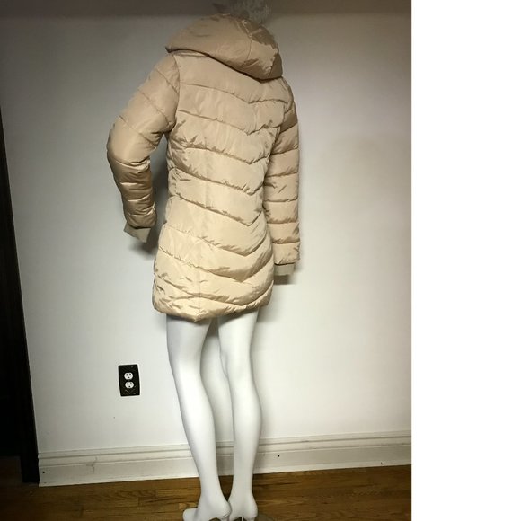 Beige Tan Long Spring Coat Jacket Puffer Removable Hood Faux Fox Fur NWOT Fall - Picture 2 of 4